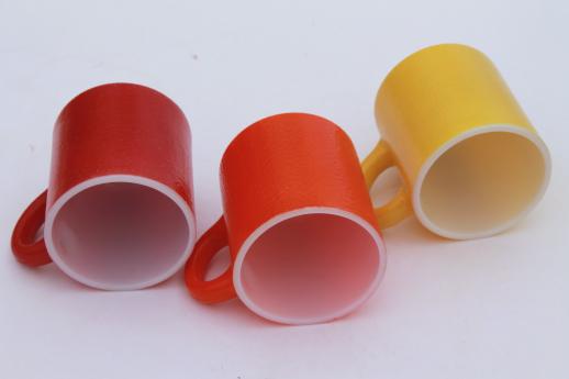 photo of red, orange, yellow vintage heat proof milk glass coffee mug w/ fired on colors #6