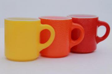 catalog photo of red, orange, yellow vintage heat proof milk glass coffee mug w/ fired on colors