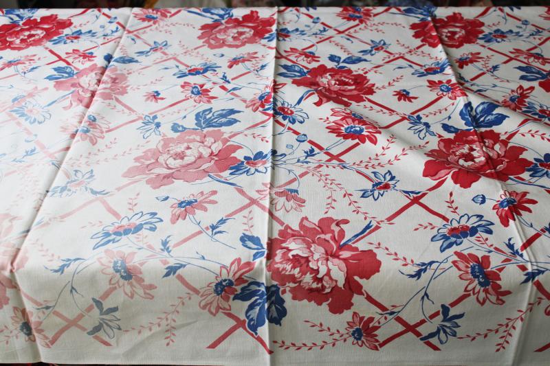 photo of red peonies print vintage cotton fabric tablecloth w/ beautiful fading, cutter cloth #1