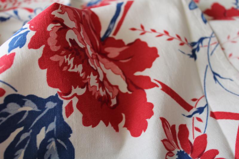 photo of red peonies print vintage cotton fabric tablecloth w/ beautiful fading, cutter cloth #3