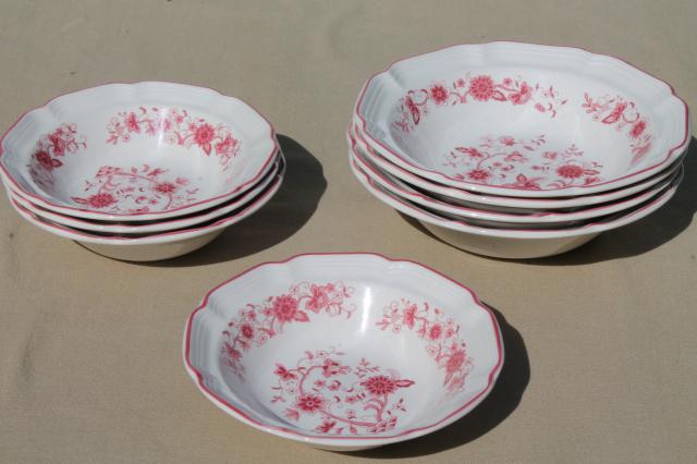 photo of red - pink Indian tree transferware bowls, retro vintage stoneware pottery  #2