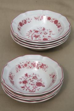 catalog photo of red - pink Indian tree transferware bowls, retro vintage stoneware pottery 