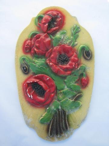photo of red poppies, old chalkware kitchen wall plaque, vintage 1930s-40s #1