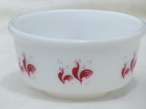 photo of red rooster vintage Anchor Hocking milk glass bowl, Kellogg's rooster #1