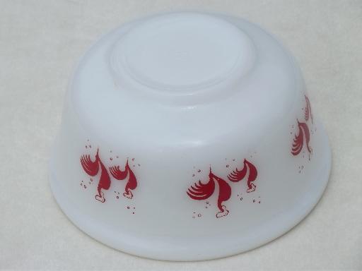 photo of red rooster vintage Anchor Hocking milk glass bowl, Kellogg's rooster #3