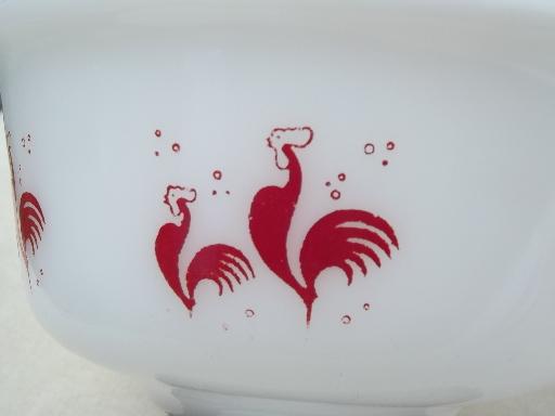 photo of red rooster vintage Anchor Hocking milk glass bowl, Kellogg's rooster #4