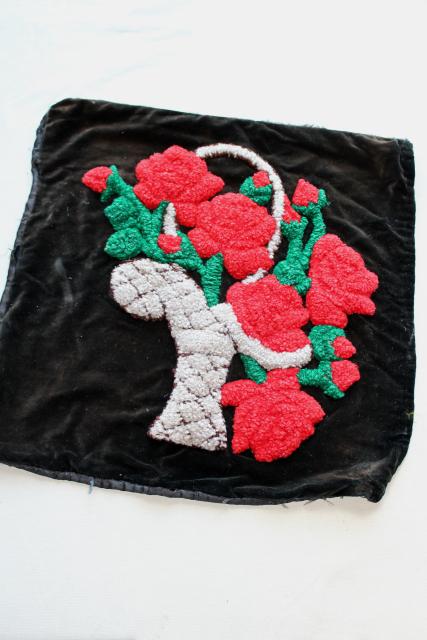 photo of red roses on black velvet bohemian vintage pillow top, chenille loopy yarn embroidery #1