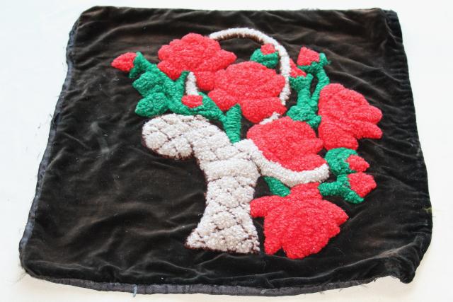 photo of red roses on black velvet bohemian vintage pillow top, chenille loopy yarn embroidery #3