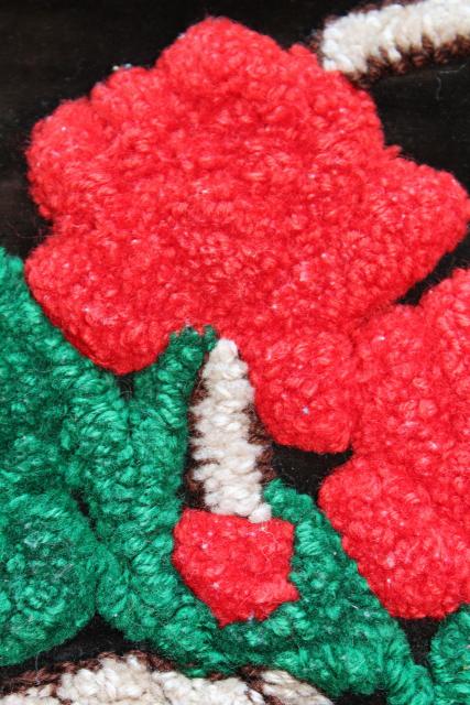 photo of red roses on black velvet bohemian vintage pillow top, chenille loopy yarn embroidery #4