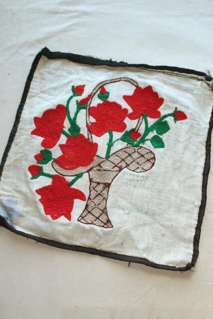 photo of red roses on black velvet bohemian vintage pillow top, chenille loopy yarn embroidery #5