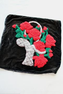 red roses on black velvet bohemian vintage pillow top, chenille loopy yarn embroidery