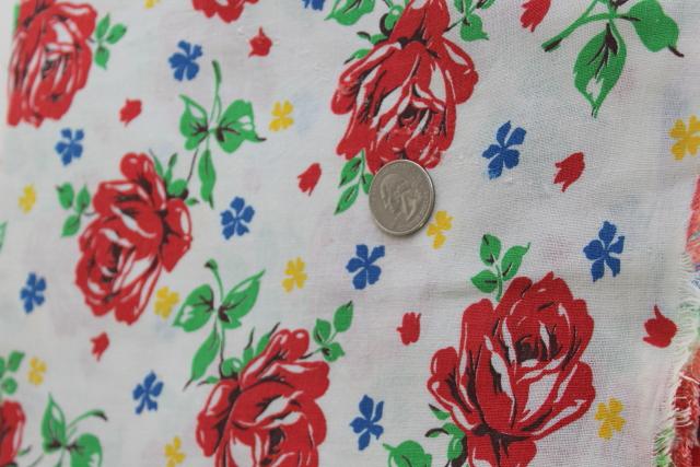 photo of red roses print cotton feed sack, 40s 50s vintage feedsack fabric for sewing projects #1