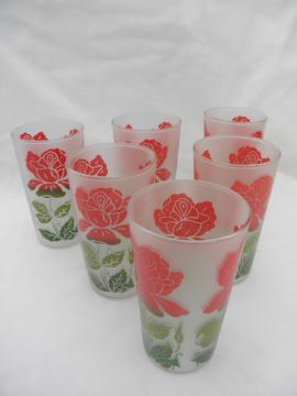 catalog photo of red roses vintage frosted glass drinking glasses, set of 6 retro swanky swigs tumblers