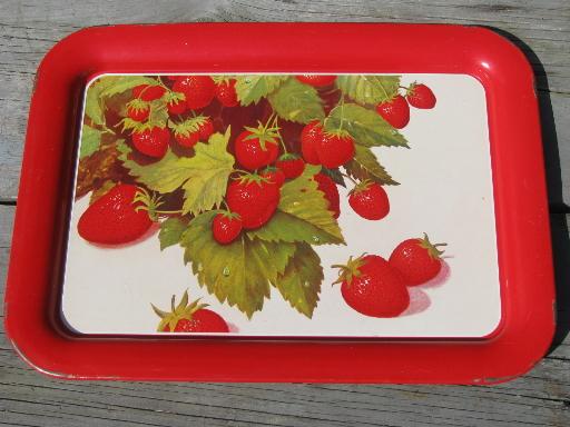 photo of red strawberries print 50s vintage metal TV meal lap trays set of 8 #2
