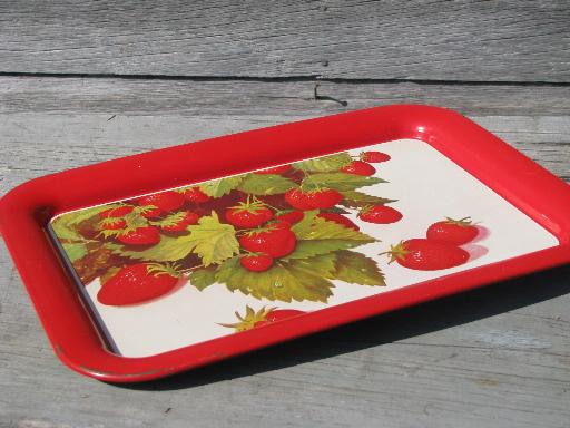 photo of red strawberries print 50s vintage metal TV meal lap trays set of 8 #3