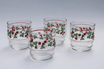 red strawberries print glass tumblers, vintage Pokee drinking glasses set of four