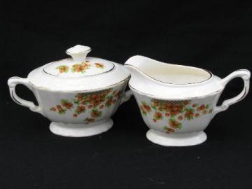 catalog photo of red strawberries, vintage Crown Potteries strawberry china cream pitcher & sugar set