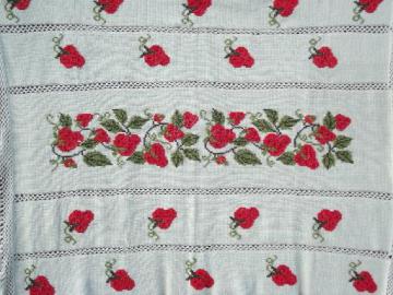 catalog photo of red strawberry afghan, crochet blanket w/ hand embroidered strawberries