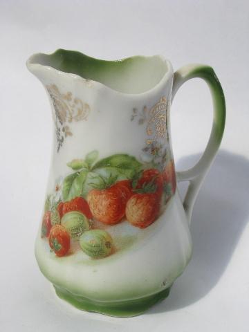 photo of red strawberry antique china cream pitcher, small creamer w/ strawberries #1