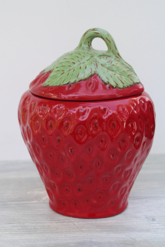 photo of red strawberry cookie jar, berry shape handmade ceramic canister, 1980s vintage #1