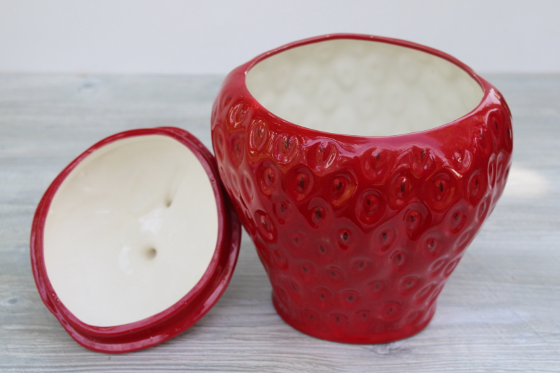 photo of red strawberry cookie jar, berry shape handmade ceramic canister, 1980s vintage #2