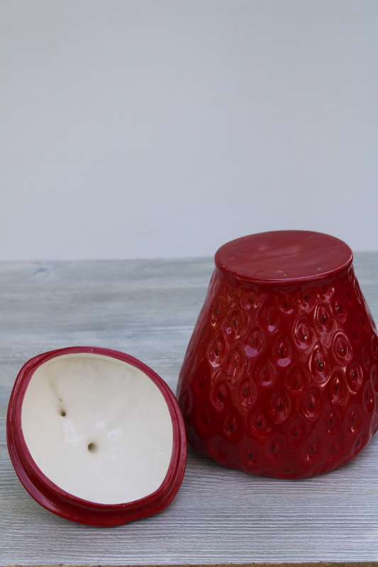 photo of red strawberry cookie jar, berry shape handmade ceramic canister, 1980s vintage #4