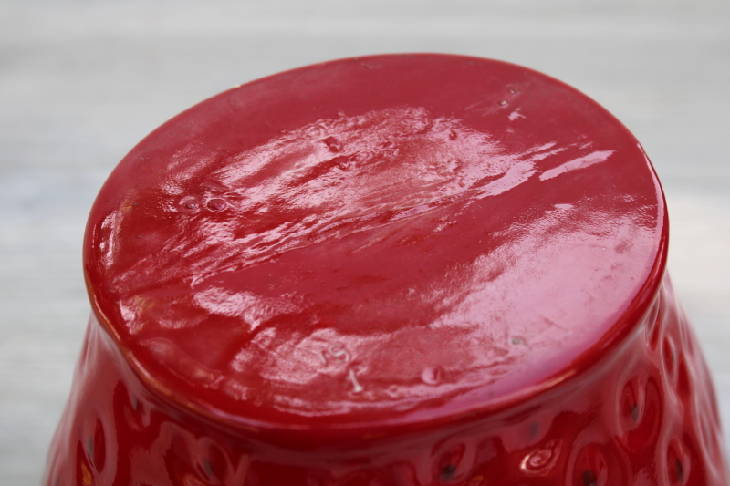 photo of red strawberry cookie jar, berry shape handmade ceramic canister, 1980s vintage #5