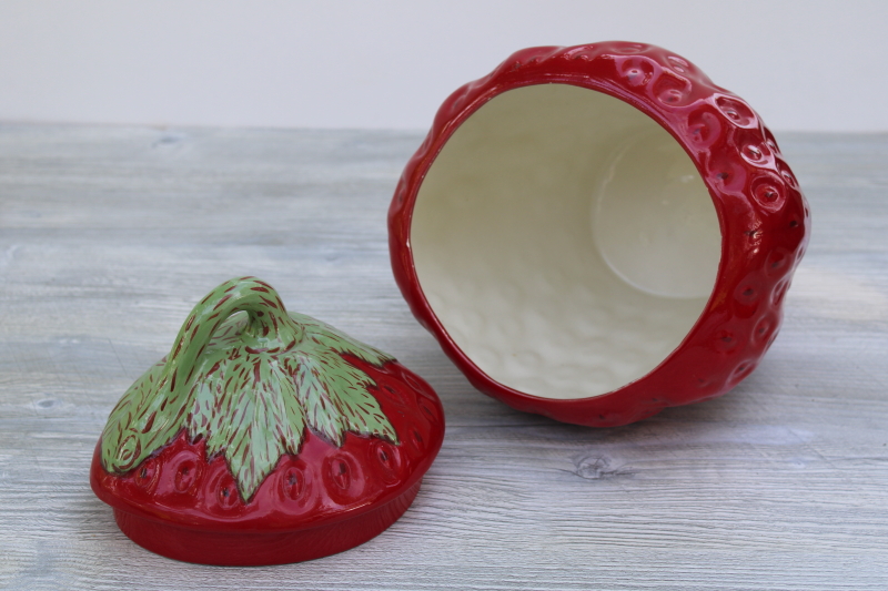 photo of red strawberry cookie jar, berry shape handmade ceramic canister, 1980s vintage #6