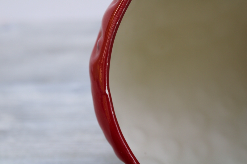 photo of red strawberry cookie jar, berry shape handmade ceramic canister, 1980s vintage #7