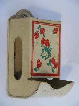 catalog photo of red strawberry match safe, vintage wall mount box for kitchen matches box