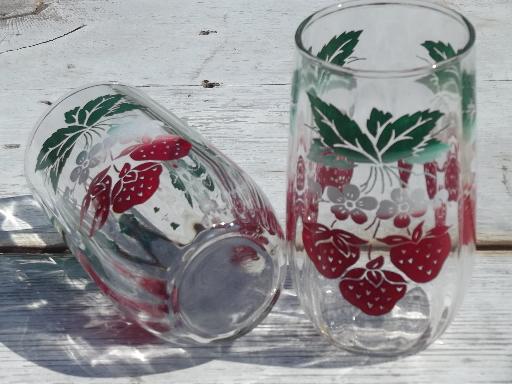 photo of red strawberry print tumblers, vintage kitchen jelly jar glasses set #2