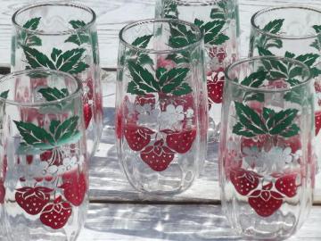 catalog photo of red strawberry print tumblers, vintage kitchen jelly jar glasses set