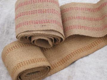 catalog photo of red stripe and brown striped jute webbing, vintage sewing / upholstery