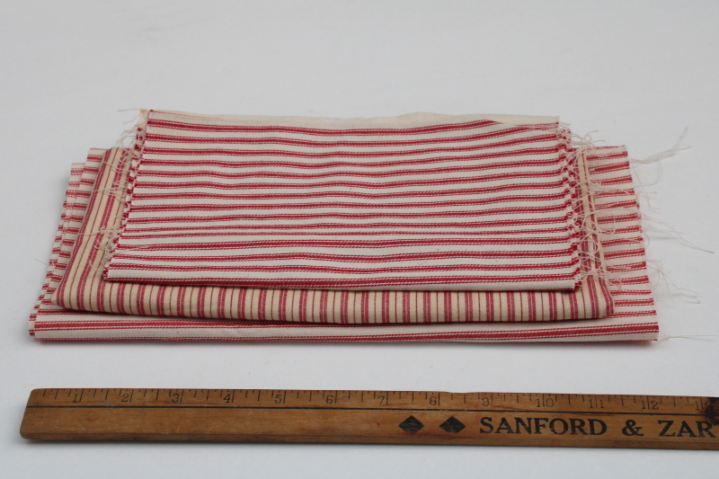 photo of red striped cotton remnants lot, quilting fabric & pillow ticking pieces primitive country farmhouse #1