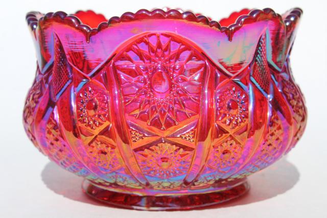 photo of red sunset carnival glass rose bowl, Heirloom pattern vintage Indiana glass #2