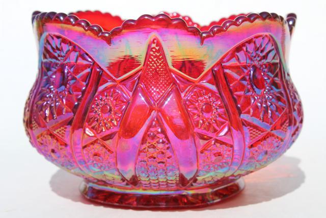 photo of red sunset carnival glass rose bowl, Heirloom pattern vintage Indiana glass #3