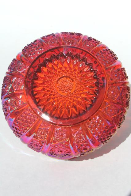 photo of red sunset carnival glass rose bowl, Heirloom pattern vintage Indiana glass #5