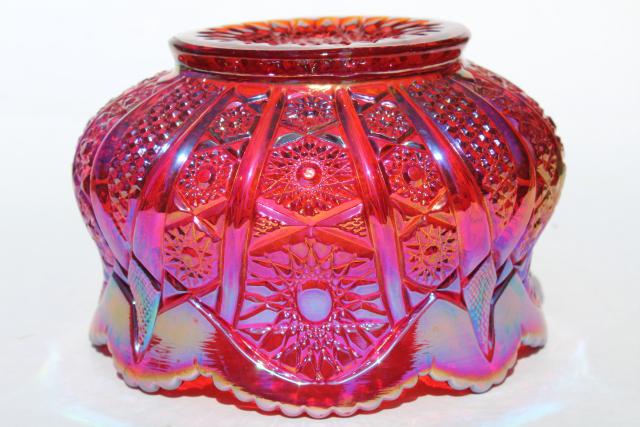 photo of red sunset carnival glass rose bowl, Heirloom pattern vintage Indiana glass #6