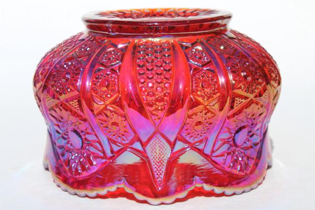 photo of red sunset carnival glass rose bowl, Heirloom pattern vintage Indiana glass #7