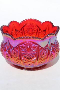 catalog photo of red sunset carnival glass rose bowl, Heirloom pattern vintage Indiana glass