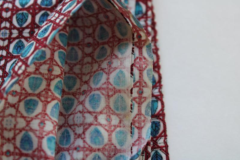 photo of red & teal blue tiny foulard print vintage cotton fabric, gothic windows or shields #2