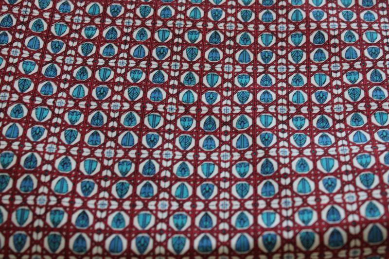 photo of red & teal blue tiny foulard print vintage cotton fabric, gothic windows or shields #3
