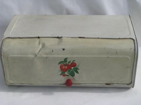 photo of red tomato bread box, 1940s metal breadbox, vintage kitchenware #1