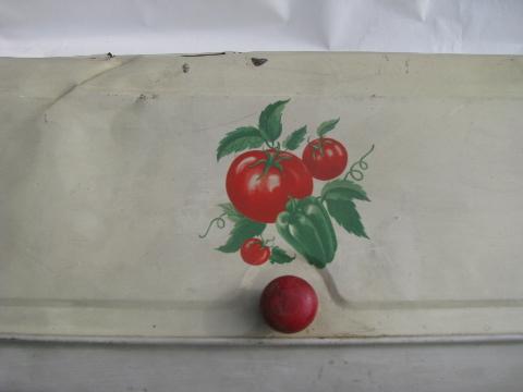 photo of red tomato bread box, 1940s metal breadbox, vintage kitchenware #4