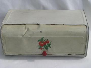 catalog photo of red tomato bread box, 1940s metal breadbox, vintage kitchenware