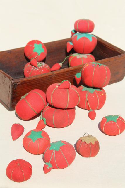 photo of red tomato pincushions, vintage pin cushion collection in primitive wood box bowl #1