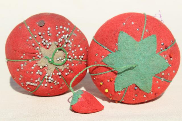 photo of red tomato pincushions, vintage pin cushion collection in primitive wood box bowl #3