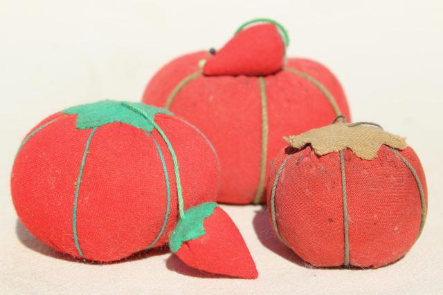 photo of red tomato pincushions, vintage pin cushion collection in primitive wood box bowl #4