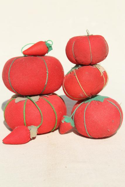 photo of red tomato pincushions, vintage pin cushion collection in primitive wood box bowl #5