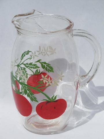 photo of red tomatoes print, 1950s vintage kitchen glass tomato juice pitcher #1